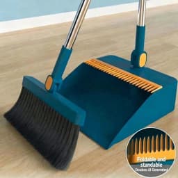 Broom And Dustpan Set, Blue, 2-Piece, 180 Degree Rotatable, Extendable Handle Up To 53 Inches, 4-Layer Thick Brush, Comb Teeth, Folding Storage