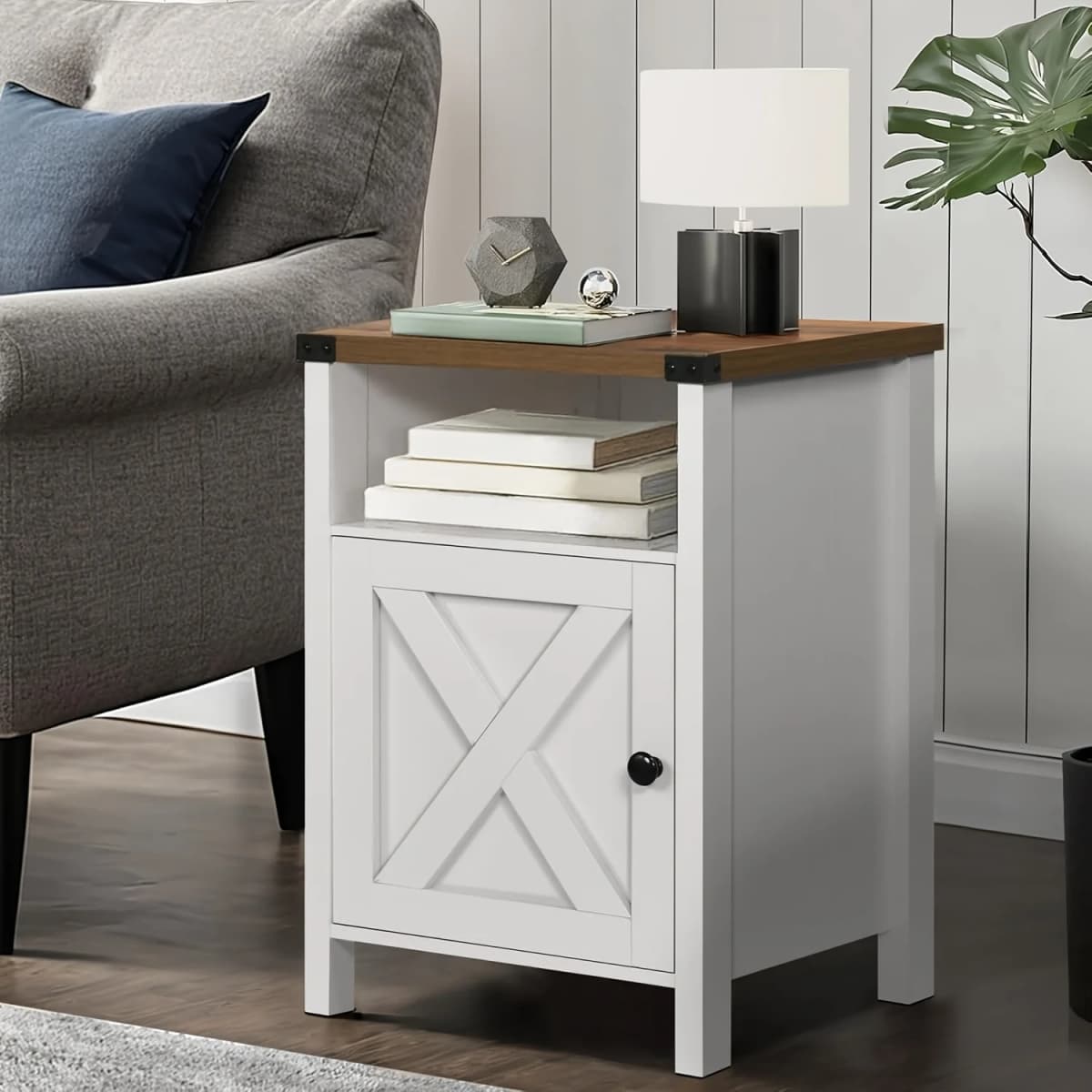 1pc Farmhouse Nightstand, Side Table, End Table with Barn Door And Shelf, Narrow Entryway Table, Rustic Modern Bed Night Stand for Bedroom, Living Room, Modern Living Room Decor, Navy Blue/Grey/White/Oak/Light Oak/Black, 23.7"*15.8"