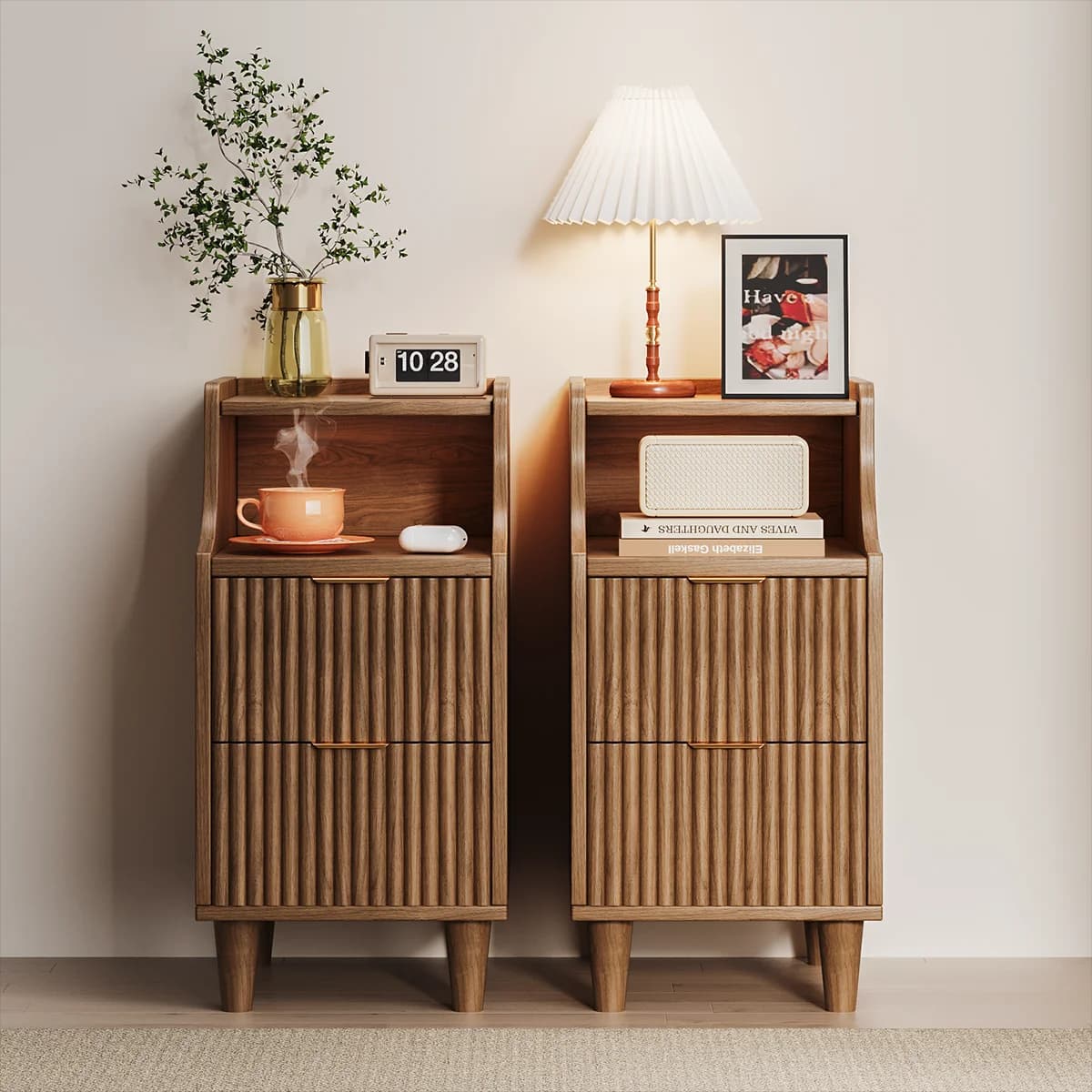 Set of 2, Narrow Nightstand with 2 Drawers, Slim Bedside Table | 11.81"W Modern Nightstand with Open Shelf , Space Saving Storage Cabinet for Bedroom and Study