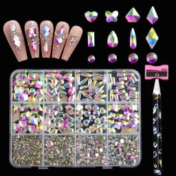 12 Grids 3D Mixed Shape Flat Back Nail Rhinestones, Mixed Round & Irregular Glass Crystals Nail Art Decorations
