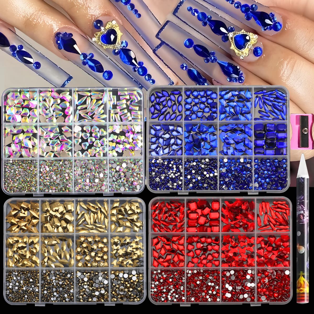 12 Grids 3D Mixed Shape Flat Back Nail Rhinestones, Mixed Round & Irregular Glass Crystals Nail Art Decorations