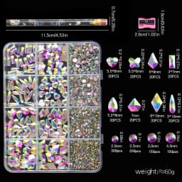 12 Grids 3D Mixed Shape Flat Back Nail Rhinestones, Mixed Round & Irregular Glass Crystals Nail Art Decorations