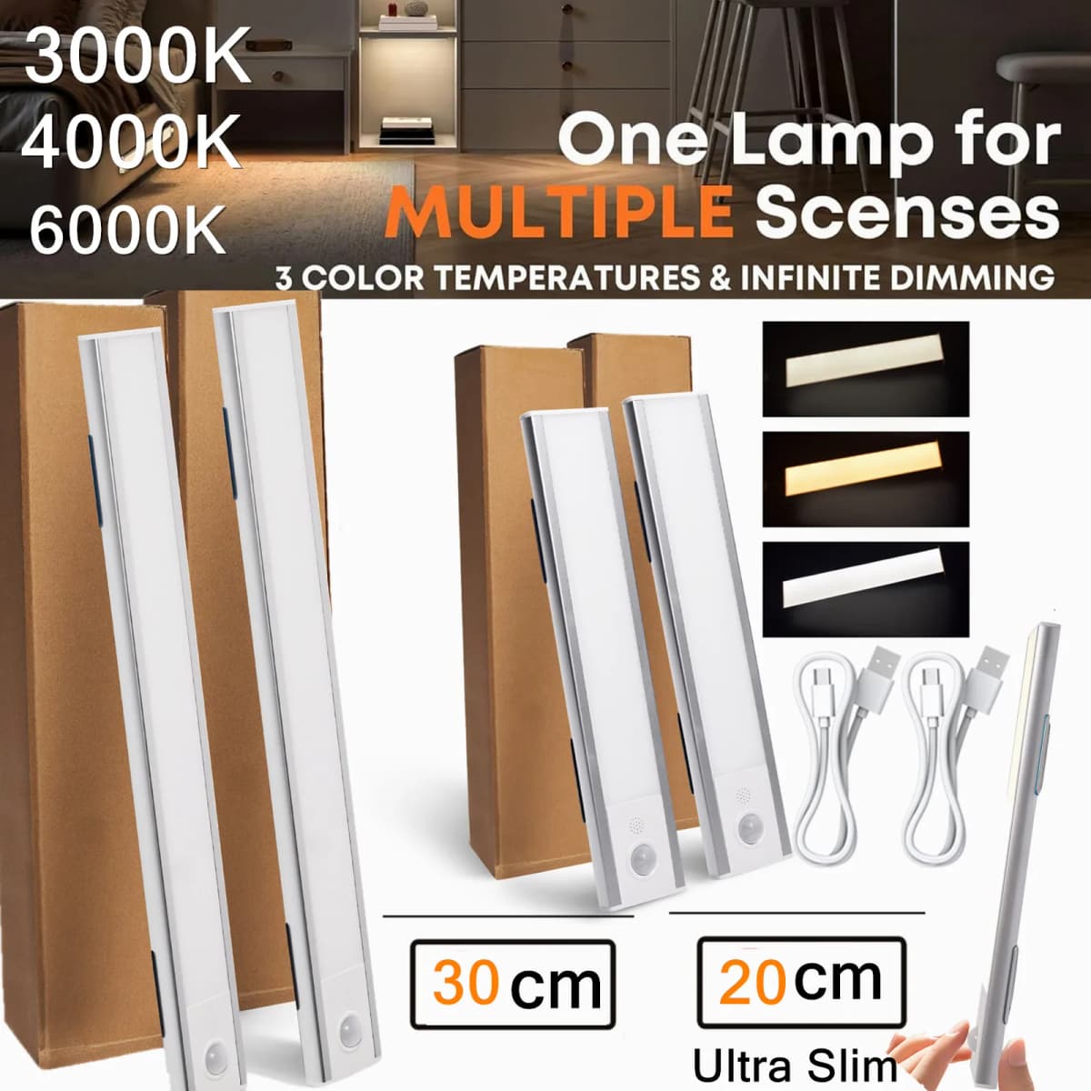 2/4/8/10X Dimmable Cabinet Light USB Rechargeable Motion Sensor Led Three Colors Lamp For Kitchen Wardrobe Indoor Lighting 20/30cm