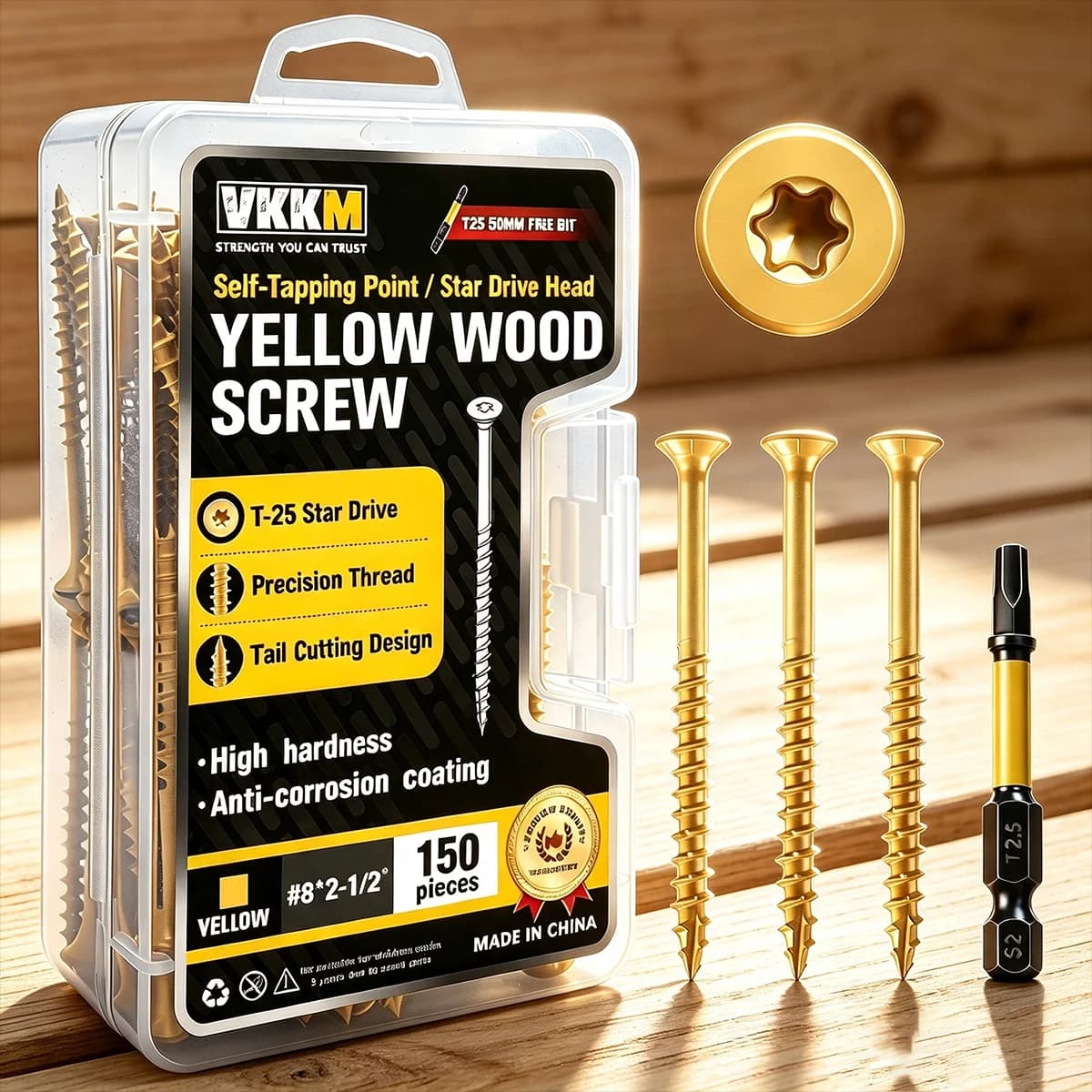 VKKM Yellow Wood Screws T25 Star Drive Self Tapping Screws Anti-Corrosion Fasteners with T25 Bit for Furniture Deck Timber Woodworking