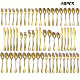 30/60-Piece Luxury Golden Flatware Set, Stainless Steel Cutlery For 6, Includes Dinner Spoons, Teaspoons, Dinner Forks, Salad Forks, Dinner Knives, Ideal For Home, Restaurant, Parties & Weddings