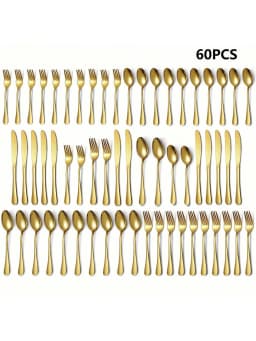 30/60-Piece Luxury Golden Flatware Set, Stainless Steel Cutlery For 6, Includes Dinner Spoons, Teaspoons, Dinner Forks, Salad Forks, Dinner Knives, Ideal For Home, Restaurant, Parties & Weddings
