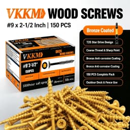VKKM Deck Wood Screws #9 X 2-1/2 Inch 150PCS Yellow Coated Torx Star Drive Self Tapping Screws with T25 Bit for Outdoor Fence Patio Wood Construction