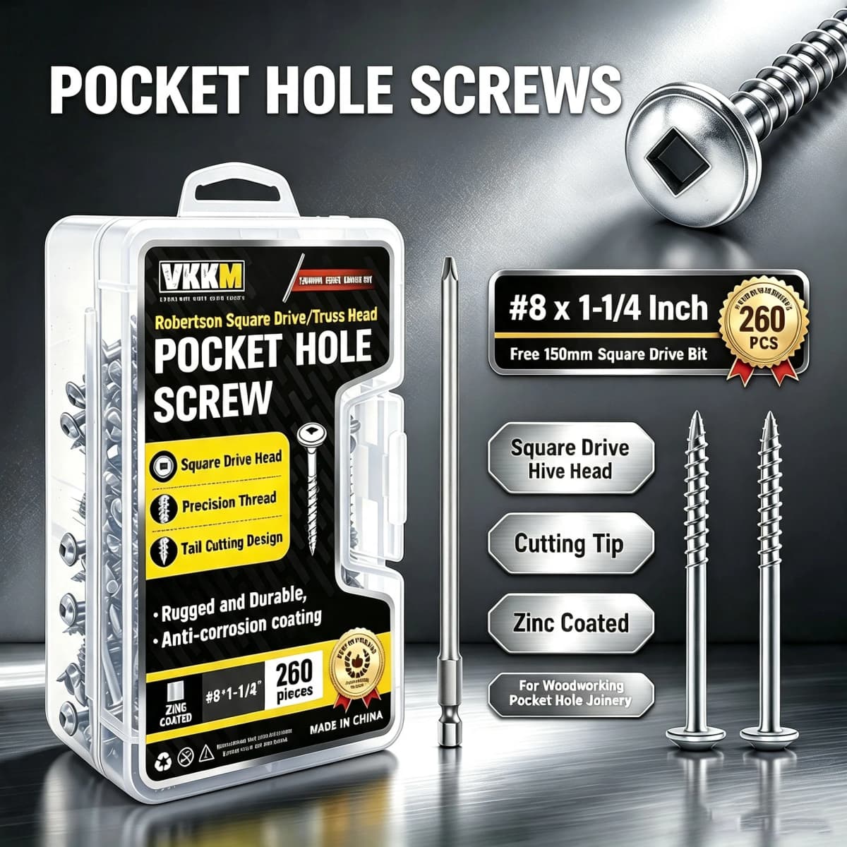 VKKM #8 X 1-1/4 Inch Silver Zinc Coated Pocket Hole Screws, Robertson Square Drive Truss Head Self Tapping Wood Screws, 260 PCS with Free 150mm Square Drive Bit for Woodworking Pocket Hole Joinery