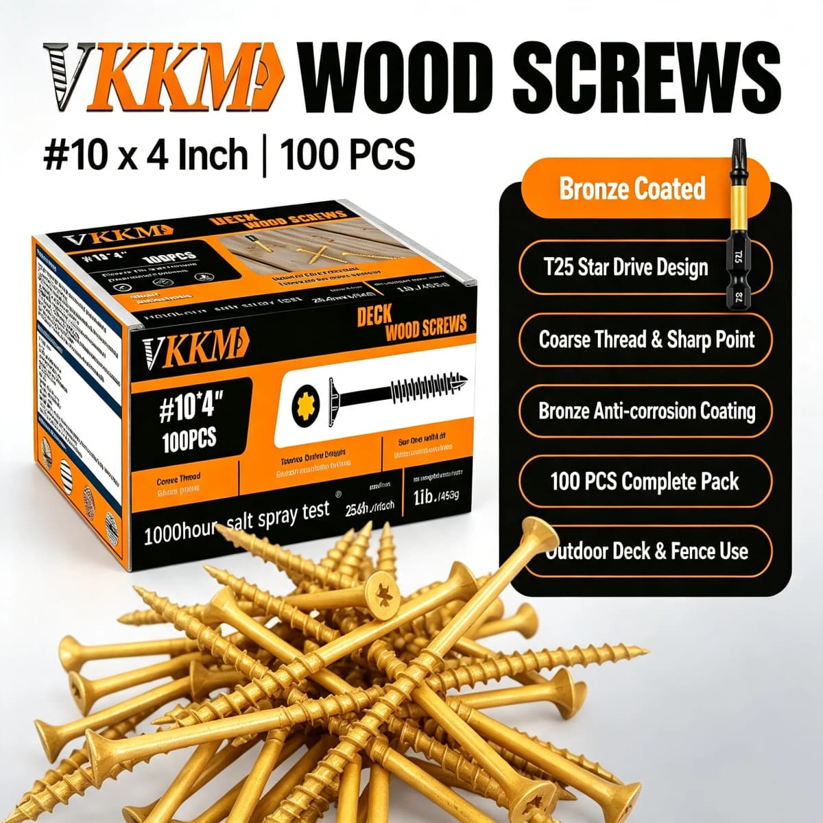 VKKM Deck Wood Screws #10 X 4 Inch 100PCS Yellow Coated Torx Star Drive Self Tapping Screws with T25 Bit for Outdoor Fence Patio Wood Construction