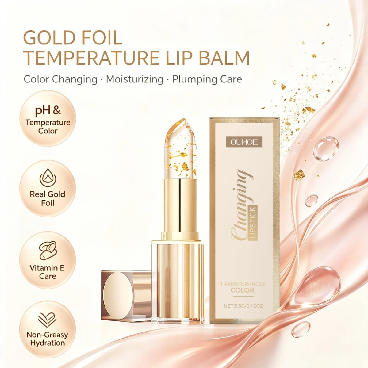 Gold Foil Color Changing Lip Balm Glossy Non-Sticky Nourishing Moisturizing Lasting Transferproof Color Changing Lipstick