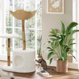 43 Inch Wooden Cat Tree Tower with Rattan, Large Cat Climbing Furniture, Multi-Level Activity Center with Perches, Sturdy Indoor Pet Furniture for Cats, Floor Mount