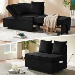 Convertible Soa Bed 4-in-1 Pull Out Couch, Ottoman Bed Sleeper, Black | Velvet Love seat Couch Sleeper Chair Bed with USB Ports,