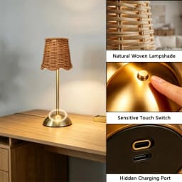Bohemian Woven Rattan Art Table Lamp 3-Level Dimmable Touch Control USB Metal Bedroom Living Room Study Dining Room Lighting Gift for Family Friends