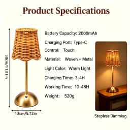 Bohemian Woven Rattan Art Table Lamp 3-Level Dimmable Touch Control USB Metal Bedroom Living Room Study Dining Room Lighting Gift for Family Friends