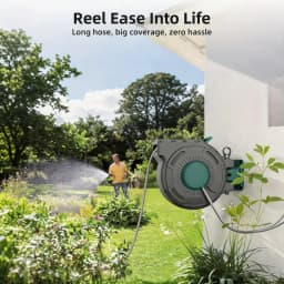 100-Foot x 1/2-Inch Retractable Garden Hose Reel, Outdoor Garden Hose Reel - Automatic Retractable Wall-Mounted Hose Reel with Enclosed Storage, Lockable at Any Length, 10 Nozzle Modes - Blue
