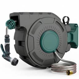 100-Foot x 1/2-Inch Retractable Garden Hose Reel, Outdoor Garden Hose Reel - Automatic Retractable Wall-Mounted Hose Reel with Enclosed Storage, Lockable at Any Length, 10 Nozzle Modes - Blue