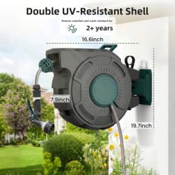 100-Foot x 1/2-Inch Retractable Garden Hose Reel, Outdoor Garden Hose Reel - Automatic Retractable Wall-Mounted Hose Reel with Enclosed Storage, Lockable at Any Length, 10 Nozzle Modes - Blue