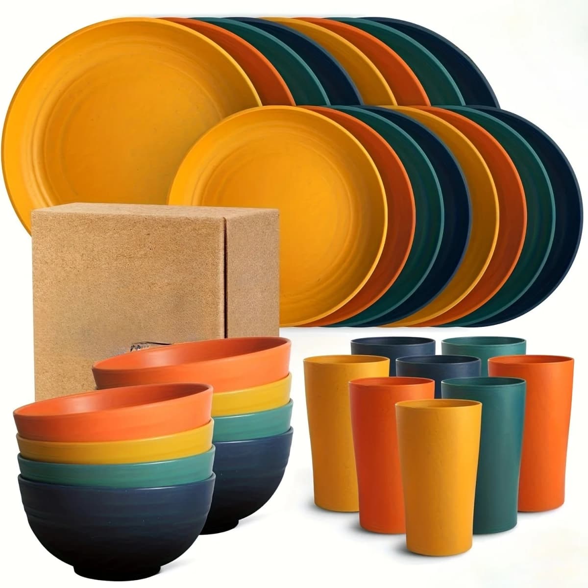 32-Piece Kitchen Plastic Wheat Straw Dinnerware Set, Service For 8, Dinner Plates, Dessert Plate, Cereal Bowls, Cups, Unbreakable Colorful Plastic Outdoor Camping Dishes