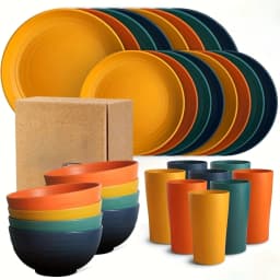 32-Piece Kitchen Plastic Wheat Straw Dinnerware Set, Service For 8, Dinner Plates, Dessert Plate, Cereal Bowls, Cups, Unbreakable Colorful Plastic Outdoor Camping Dishes