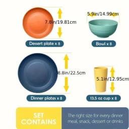 32-Piece Kitchen Plastic Wheat Straw Dinnerware Set, Service For 8, Dinner Plates, Dessert Plate, Cereal Bowls, Cups, Unbreakable Colorful Plastic Outdoor Camping Dishes