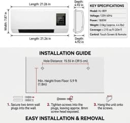 Wall Mounted Air Conditioner Fan, 2-in-1 Heater and Cooling Combo, 1800W PTC Space Heater Combo Unit with Remote 8H Timer, Quiet Ductless Smart Airflow for Bathroom Office(White)