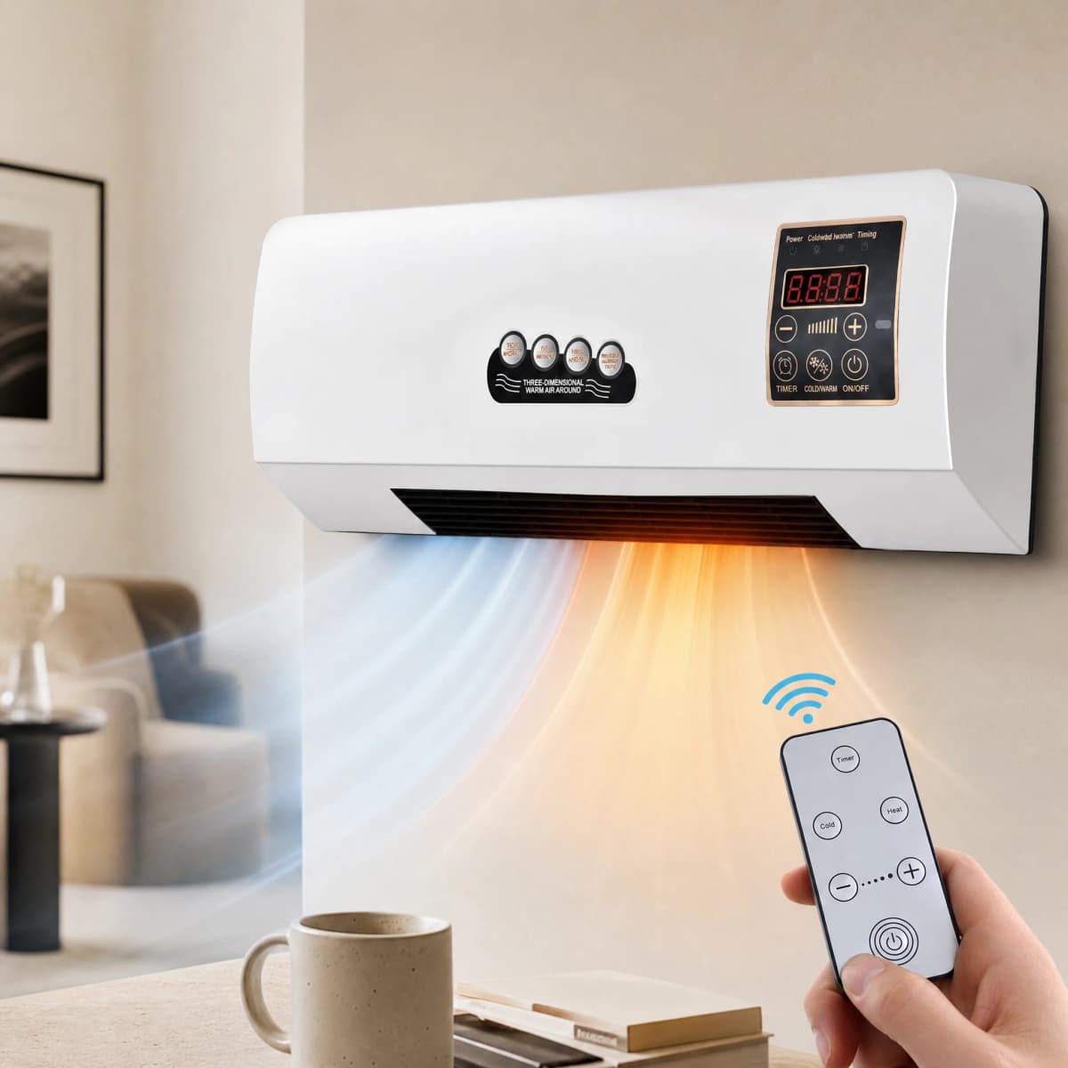 Wall Mounted Air Conditioner Fan, 2-in-1 Heater and Cooling Combo, 1800W PTC Space Heater Combo Unit with Remote 8H Timer, Quiet Ductless Smart Airflow for Bathroom Office(White)