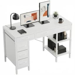 MCQ 47 Inch Office Computer Desk With 6 Fabric Drawers Standing Ergonomic Gaming Desk With Storage Shelves Reversible Gaming Desk For Home Office Small Space