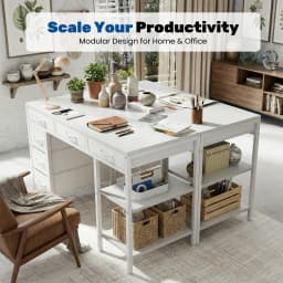 MCQ 47 Inch Office Computer Desk With 6 Fabric Drawers Standing Ergonomic Gaming Desk With Storage Shelves Reversible Gaming Desk For Home Office Small Space