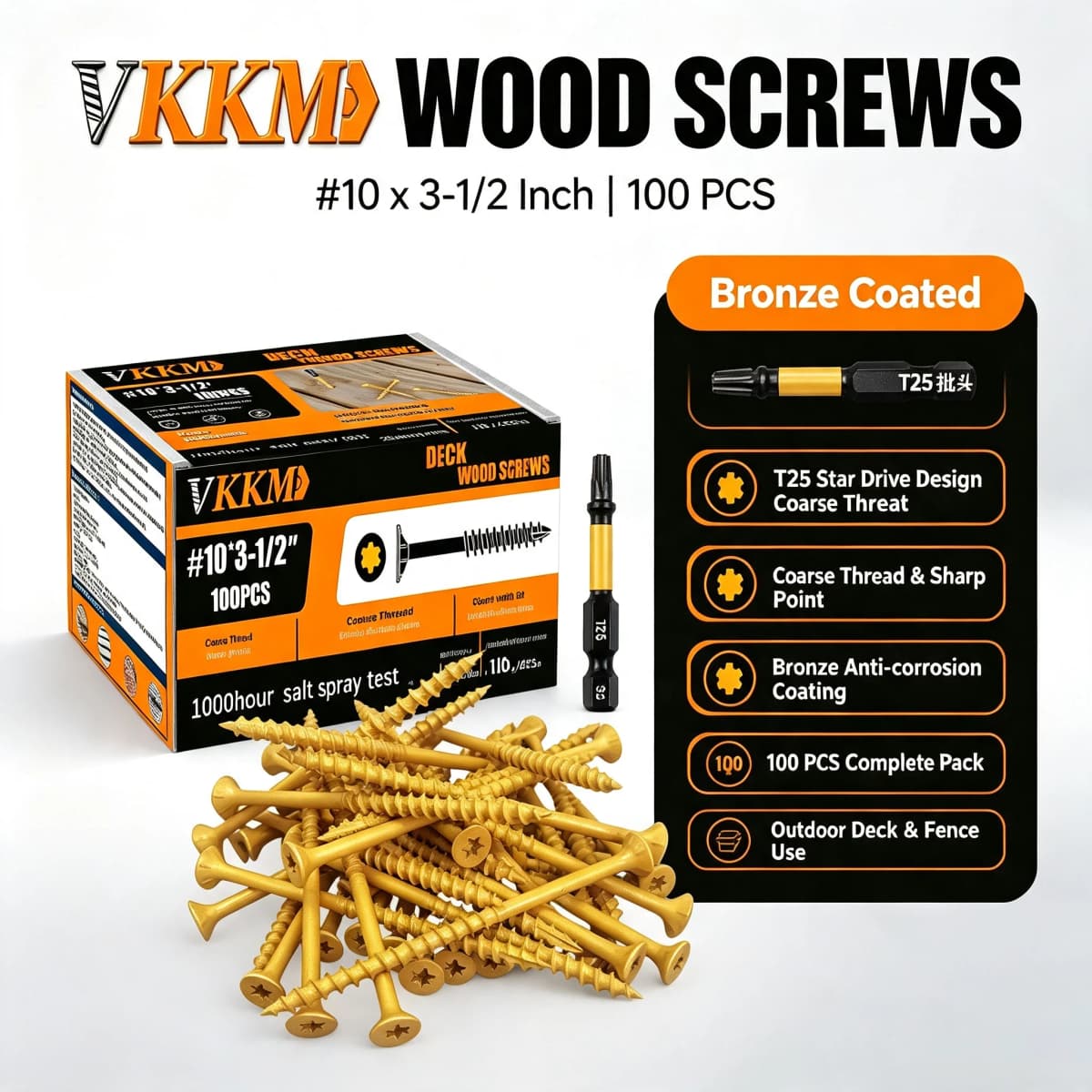 VKKM Deck Wood Screws #10 X 3-1/2 Inch 100PCS Yellow Coated Torx Star Drive Self Tapping Screws with T25 Bit for Outdoor Fence Patio Wood Construction