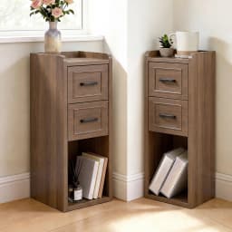 Narrow Nightstand Set of 2, Modern Bedside Tables with Drawer and Open Shelf, Available in White, Walnut, Grey and Black, End Tables for Bedroom, Apartment and Small Spaces