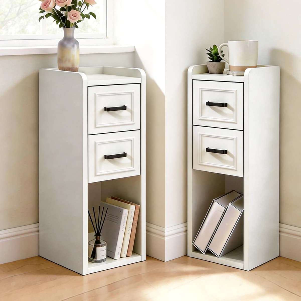 Narrow Nightstand Set of 2, Modern Bedside Tables with Drawer and Open Shelf, Available in White, Walnut, Grey and Black, End Tables for Bedroom, Apartment and Small Spaces