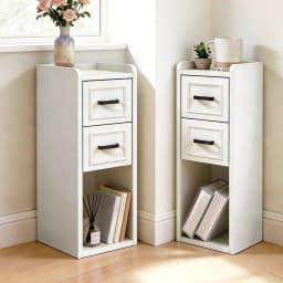 Narrow Nightstand Set of 2, Modern Bedside Tables with Drawer and Open Shelf, Available in White, Walnut, Grey and Black, End Tables for Bedroom, Apartment and Small Spaces