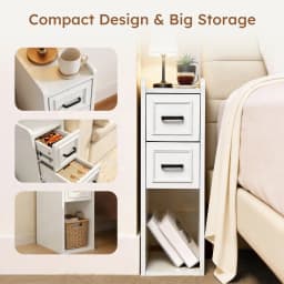 Narrow Nightstand Set of 2, Modern Bedside Tables with Drawer and Open Shelf, Available in White, Walnut, Grey and Black, End Tables for Bedroom, Apartment and Small Spaces