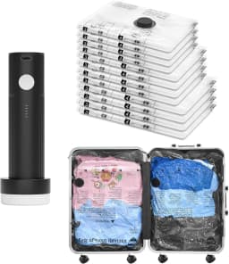 12Pcs Travel Vacuum Storage Bags Set with Portable Rechargeable Electric Pump Space Saver Compression Packing Bags for Clothes Luggage Suitcase Backpack Organizer Wardrobe Storage Essentials