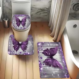 4pcs Purple Butterfly Bathroom Set with Shower Curtain, Non-Slip Rug & Toilet Cover - Machine Washable Suitable for Bath Decor, U-Shaped Mat, Hooks Included, Complete Bath Accessories for And