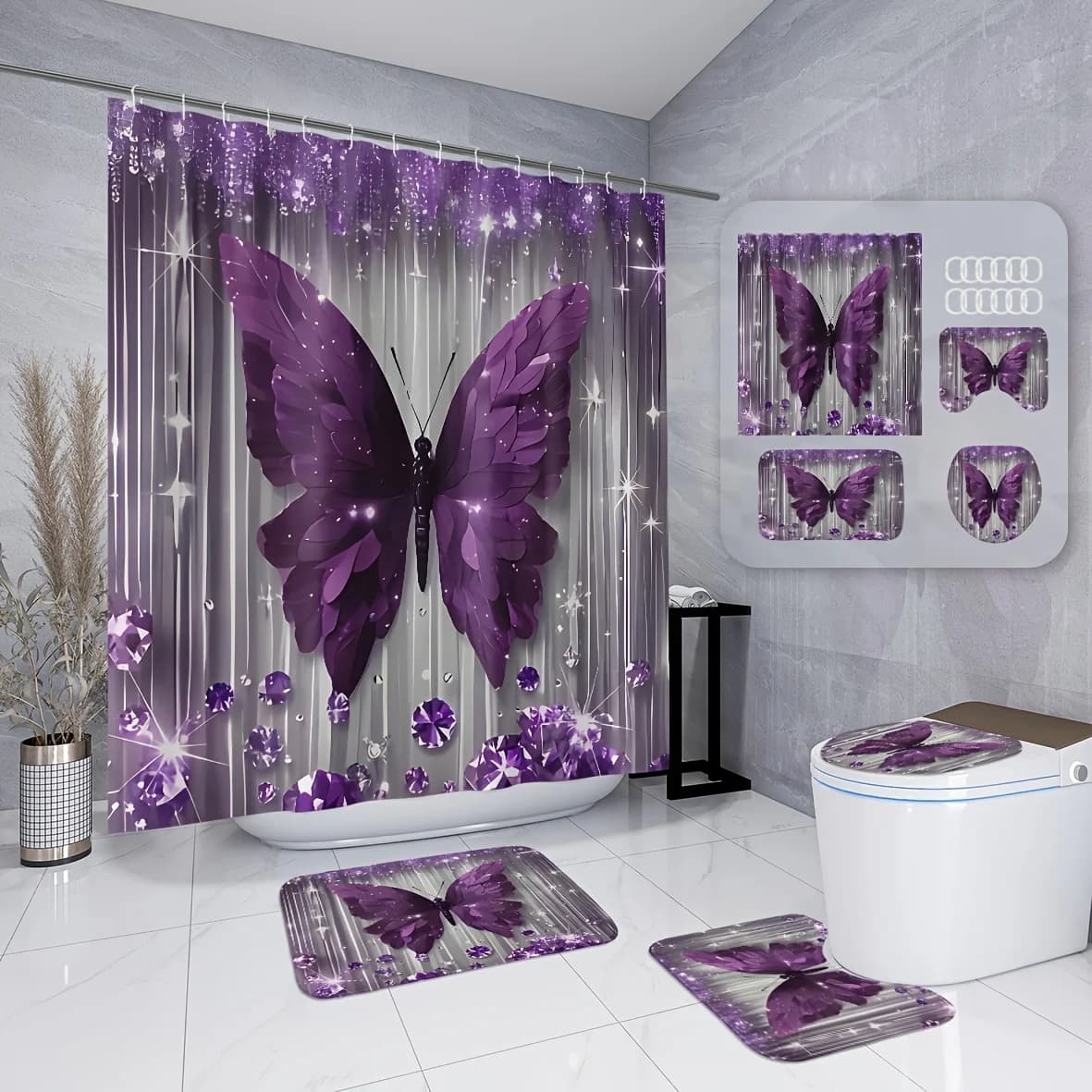 4pcs Purple Butterfly Bathroom Set with Shower Curtain, Non-Slip Rug & Toilet Cover - Machine Washable Suitable for Bath Decor, U-Shaped Mat, Hooks Included, Complete Bath Accessories for And