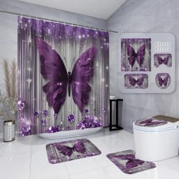 4pcs Purple Butterfly Bathroom Set with Shower Curtain, Non-Slip Rug & Toilet Cover - Machine Washable Suitable for Bath Decor, U-Shaped Mat, Hooks Included, Complete Bath Accessories for And