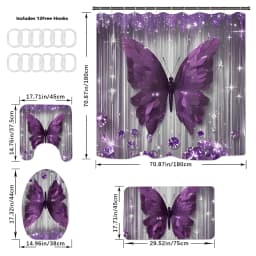 4pcs Purple Butterfly Bathroom Set with Shower Curtain, Non-Slip Rug & Toilet Cover - Machine Washable Suitable for Bath Decor, U-Shaped Mat, Hooks Included, Complete Bath Accessories for And