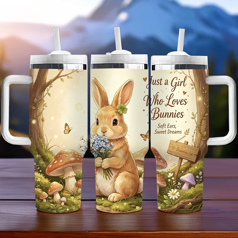 40oz Long Lasting Insulated Tumbler with Handle, Cute Bunny Print Tumbler, Perfect Holiday Birthday Gift for Who Loves Bunnies, Suitable for Daily Use And Outdoor Outings