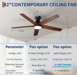 42/52" Low Profile Ceiling Fans with Lights and Wood Blades for Indoor/Outdoor | Remote Control, Flush Mount, 6-Speed, 5 Wood Blades, 3CCT Dimmable LED, Reversible Quiet DC Motor