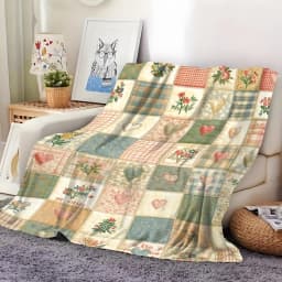 Vintage Patchwork Plaid Heart Floral Print Flannel Throw Blanket Country Cottage Farmhouse Multi‑Pattern Soft Lightweight Plush Blanket for Sofa Couch Bed Home Decor