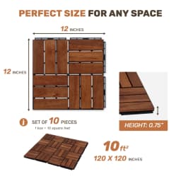 Acacia Wood Interlocking Deck Tiles Checker Pattern, 10PCS 12' X 12' Square Brown Acacia Hardwood Outdoor Flooring for Patio, Bancony, Pool Side,... RR