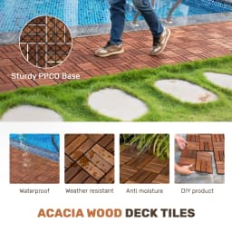 Acacia Wood Interlocking Deck Tiles Checker Pattern, 10PCS 12' X 12' Square Brown Acacia Hardwood Outdoor Flooring for Patio, Bancony, Pool Side,... RR
