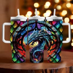 40oz Tumbler with Handle, Stained Glass Dragon Print Insulated Tumbler, Perfect Festival Birthday Gift for Dragon Enthusiasts, Long Lasting Insulation Keeps Drinks Ideal Temperature Suitable for Daily Travel And Outdoor Activities