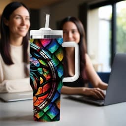 40oz Tumbler with Handle, Stained Glass Dragon Print Insulated Tumbler, Perfect Festival Birthday Gift for Dragon Enthusiasts, Long Lasting Insulation Keeps Drinks Ideal Temperature Suitable for Daily Travel And Outdoor Activities