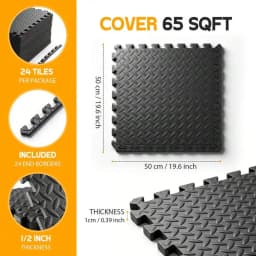 Puzzle Exercise Mat ½ In, EVA Interlocking Foam Floor Tiles For Home Gym, Mat For Home Workout Equipment, Floor Padding For Crawling, Black, 20 In X 20 In X ½ In, 64 Sq Ft - 24 Tiles (24, Black)
