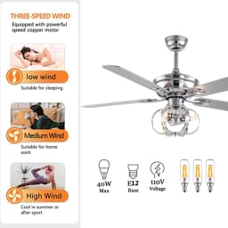 52-Inch Ceiling Fan with Light Remote Control Included Energy Efficient Reversible 3-Speed Motor Indoor Ceiling Fan Light Kit