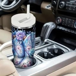 40Oz Tumbler with Handle, Gorgeous Blue Floral Cowboy Boot Print, Suitable for Western Style Lovers And Women, Perfect for Daily Use, Outdoor Travel Camping And Hiking, Holds Both Hot And Cold Drinks