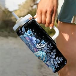 40Oz Tumbler with Handle, Gorgeous Blue Floral Cowboy Boot Print, Suitable for Western Style Lovers And Women, Perfect for Daily Use, Outdoor Travel Camping And Hiking, Holds Both Hot And Cold Drinks