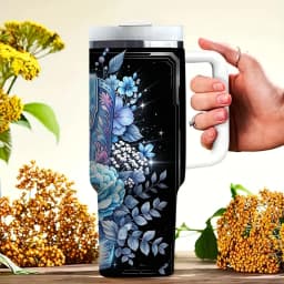 40Oz Tumbler with Handle, Gorgeous Blue Floral Cowboy Boot Print, Suitable for Western Style Lovers And Women, Perfect for Daily Use, Outdoor Travel Camping And Hiking, Holds Both Hot And Cold Drinks